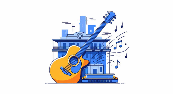 Abstract illustration of acoustic guitar and harmonica with musical notes