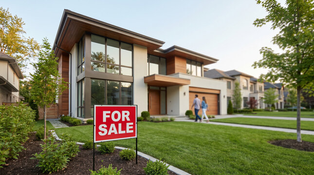 Luxury residential house with sale sign symbolizing home selling, real estate business, and property investment.