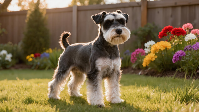 Parti Schnauzer dog standing alertly on a green lawn in a backyard garden