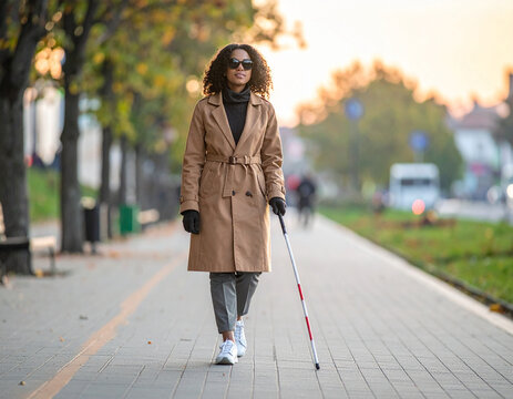 Blinde Frau mit Blindenstock und Brille auf einem Fu&szlig;gängerweg