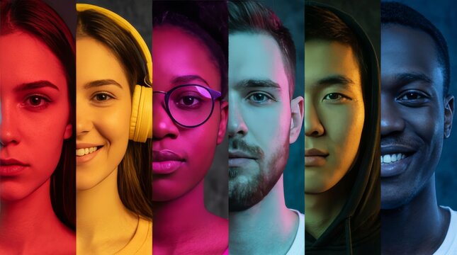Cropped portraits of group of people on multicolored background in neon light.