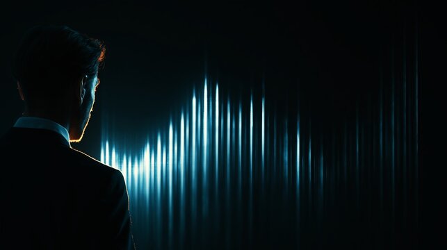 A man in a suit looks at a futuristic sound wave display in a dark room
