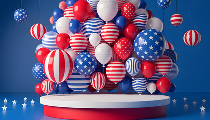 Fototapeta premium Patriotic balloons in red, white, and blue colors on a round podium with stars