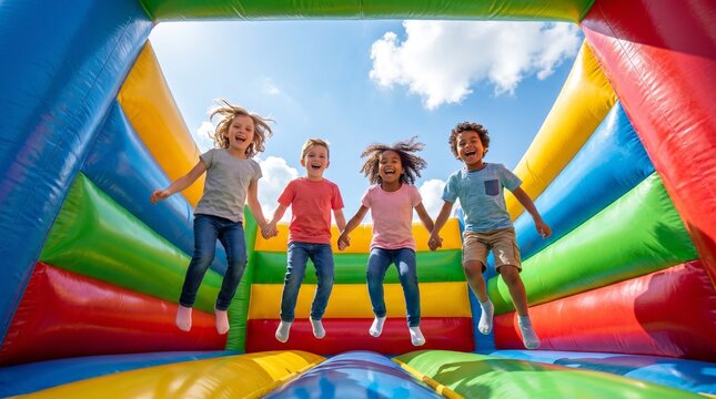 Joyful Children Jumping Together on a Colorful Inflatable Bounce House