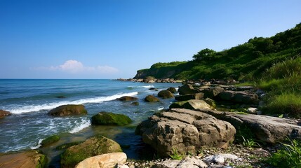 Obraz premium A stunning coastal landscape featuring lush green vegetation rocky shoreline and the vast blue ocean under bright sunlight