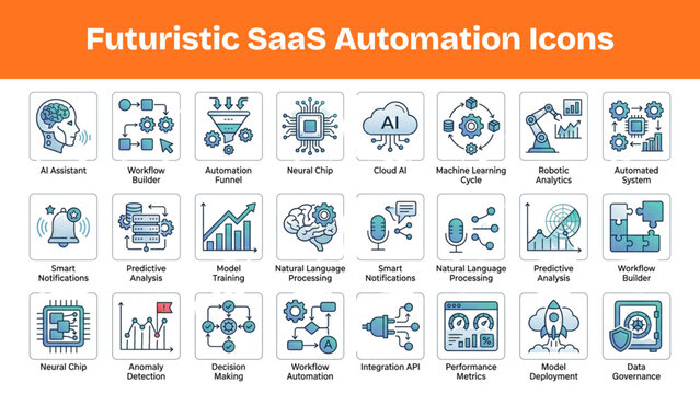 Futuristic SaaS Automation Icons Pack, AI Workflow Technology Interface Vector Collection