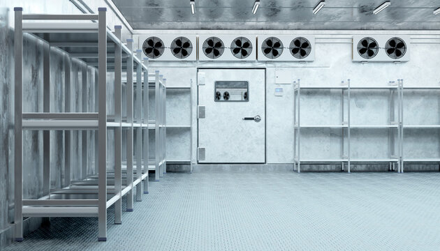 Cold storage, industrial refrigeration room with cooling fans, metal shelving and insulated freezer door in food warehouse, 3D image