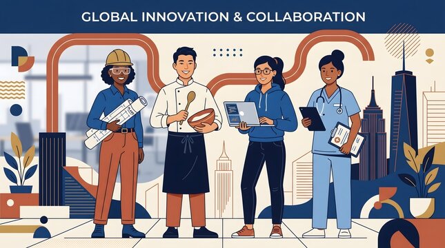 Diverse professionals illustrating global innovation and teamwork in a modern vector graphic