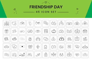 Clean monochrome friendship day icon collection showcasing hearts, gifts, handshakes, couples, balloons, and celebration symbols in a simple modern outline style. Stylish graphic resources ideal for b © Protima