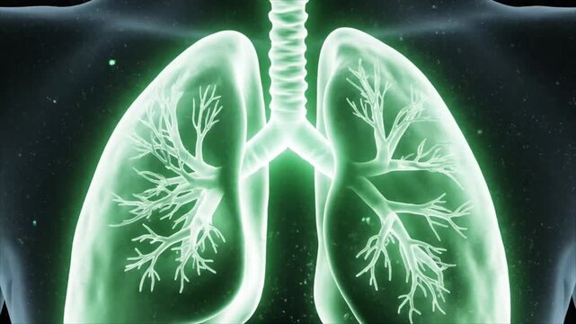 Green glowing lungs with trachea and bronchi in human chest