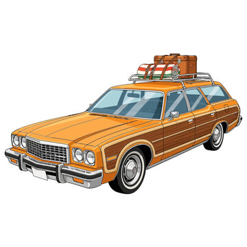 Classic station wagon with luggage on roof, isolated