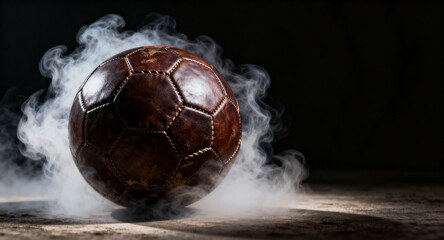 Dramatic lighting illuminates an aged leather football, wreathed in mystical smoke, symbolizing the enduring passion and rich history of the world's most beloved sport