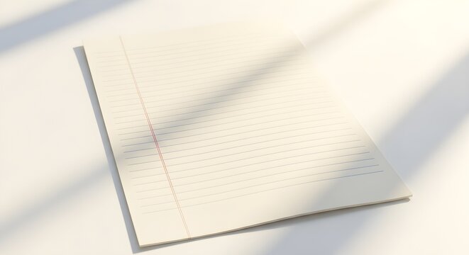 A single sheet of lined notebook paper with red and blue margins resting on a white surface with soft sunlight shadows