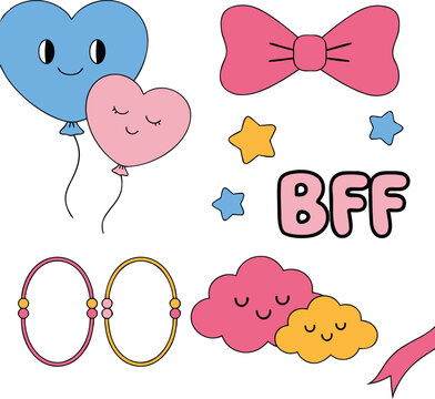 Cute kawaii friendship sticker collection featuring heart balloons, pastel clouds, bows, stars, bracelets, and &ldquo;BFF&rdquo; text in a playful cartoon style. Adorable pastel illustrations with cheerful expres