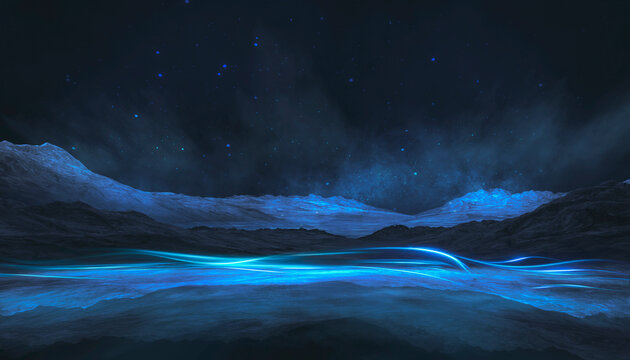 Futuristic night landscape, blue neon, geometric shape in the center, cold planet. Neon light reflected in water. 3D illustration.