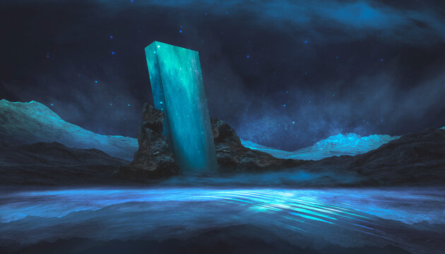 Futuristic night landscape, blue neon, geometric shape in the center, cold planet. Neon light reflected in water. 3D illustration.