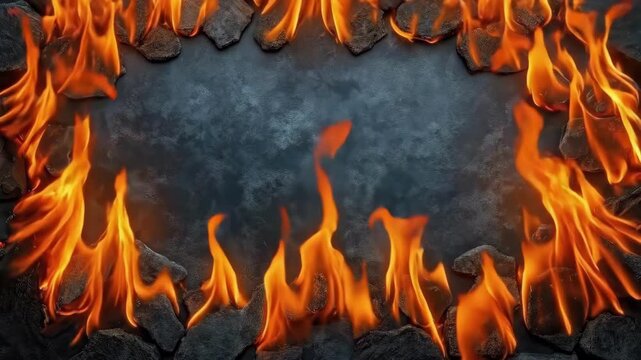 Fiery border with burning flames and dark stones on textured background