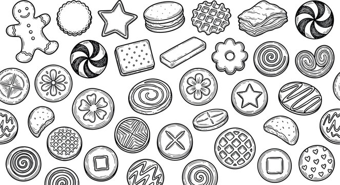 Vintage Hand Drawn Cookie and Biscuit Seamless Background Pattern Featuring Gingerbread Man Waffles Macarons and Swirl Candies for Retro Bakery Graphic DesignsVintage Hand Drawn Cookie and Biscuit Sea