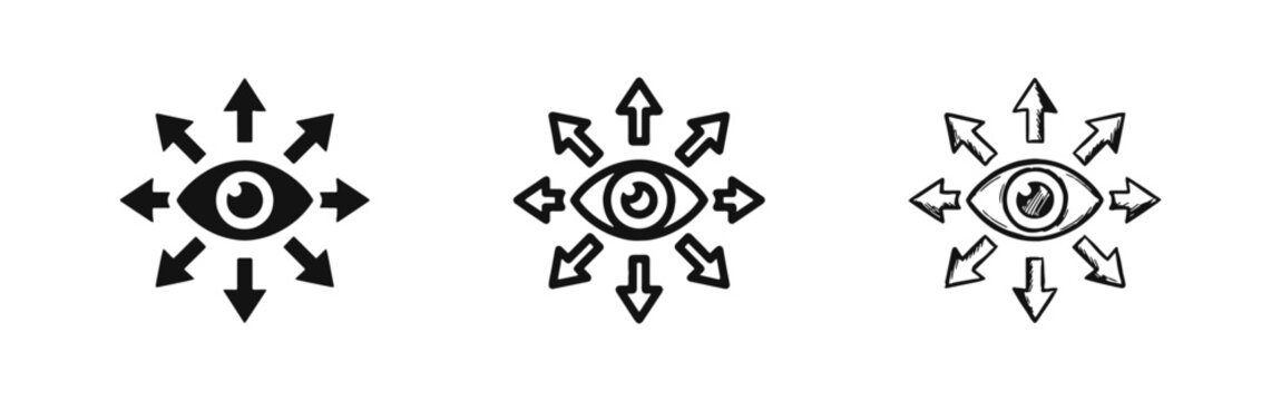 Eye vision awareness with multiple arrows icon set in solid, outline and hand drawn sketch style