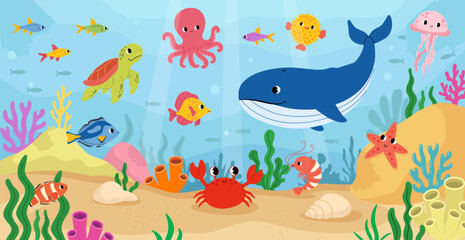 Cute underwater ocean world with friendly sea animals, colorful corals and aquatic plants. Playful marine habitat with whale, jellyfish, crab, octopus and turtle. Flat vector illustration. © Nataliia Vyshnytska