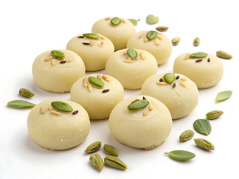 Peda sweets with cardamom garnish, arranged neatly, 