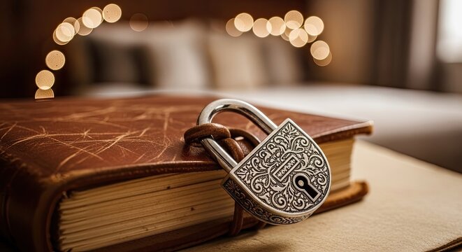Ornate Padlock Securing a Vintage Leather-Bound Book on a Wooden Surface.
