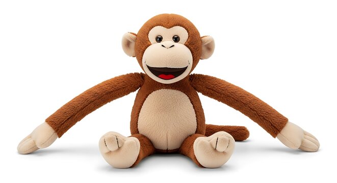 Cute plush monkey toy with long arms sitting isolated on white background