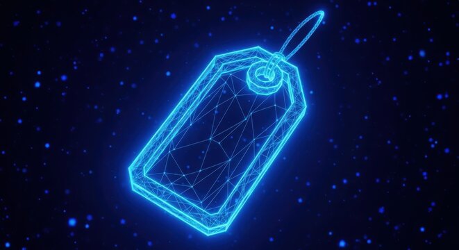 Glowing blue digital price tag icon in wireframe style illustration
