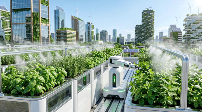 Futuristic robotic maintenance system on urban rooftop garden meticulously misting organic basil exemplifies the cutting-edge of Sustainable Smart Agritech