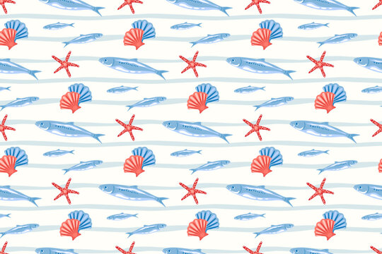 Nautical style seamless pattern with blue fish, scallop shells and red starfish. Summer coastal beach concept nautical design for textiles, wallpaper, wrapping paper, backgrounds and stationery