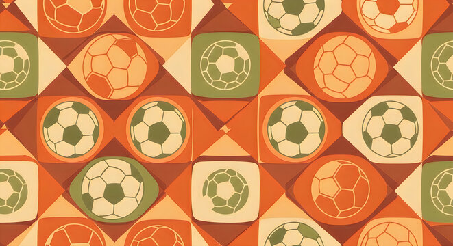 Vibrant orange and green soccer balls pattern with geometric shapes design