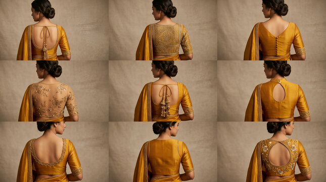 Nine-panel editorial collage of a woman showcasing various traditional mustard yellow saree blouse back neck designs with elegant gold embroidery.