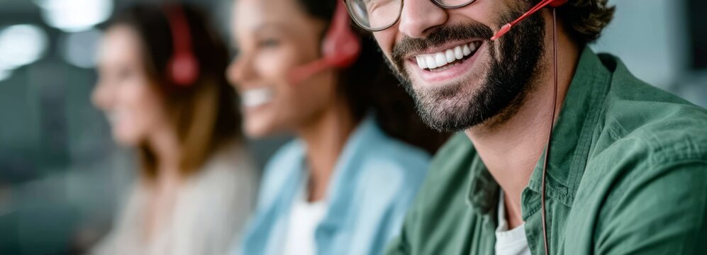 Engaging Customer Service Interaction with Friendly Representatives at a Support Call Center