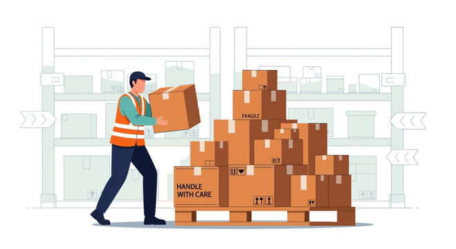 Delivery man holding cardboard box, stack of packages on pallet, warehouse background