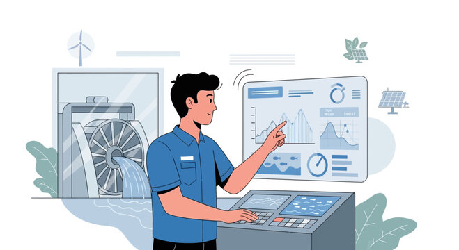 Man controlling renewable energy systems on futuristic dashboard