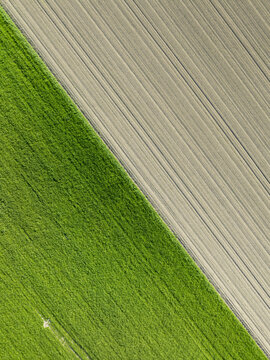 Aerial view of vibrant green crops and plowed soil with parallel furrows divided by a sharp diagonal line in Donaustauf, Bavaria, Germany.