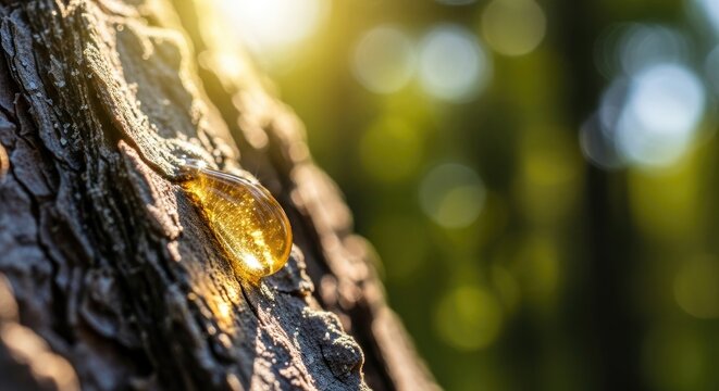 Golden tree sap glistening on bark in a sunlit forest.