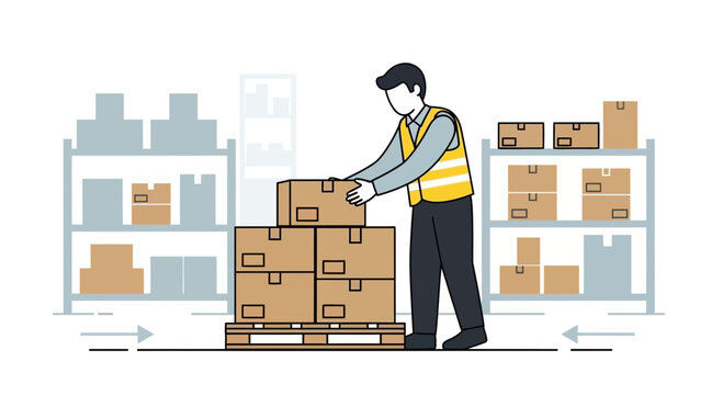 Warehouse worker stacking boxes on pallet, logistic illustration
