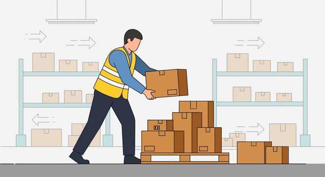 Warehouse Worker Stocking Boxes on Shelves, Logistics and Delivery Concept