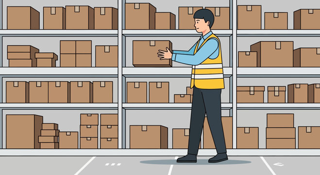 Warehouse worker stocking shelves with cardboard boxes.