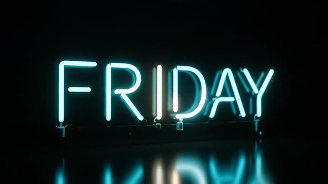 Close up of a glowing blue neon sign spelling out Friday for weekend nightlife and entertainment concepts.