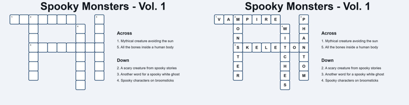 Spooky Monsters Crossword Puzzle for Halloween Classroom Activity  