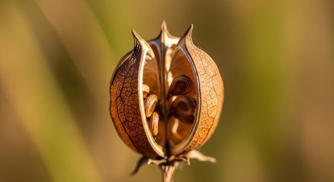 Close-up of a dried seed pod with visible seeds, showcasing natures intricate design.
