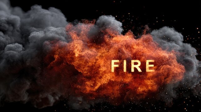 Glowing flames form the word FIRE against a black background with smoke and sparks adding to the intense visual impact
