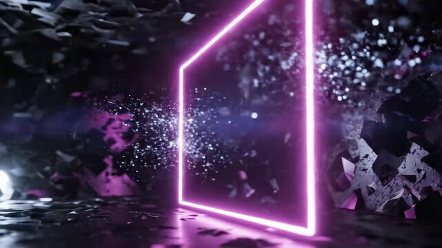 Futuristic neon frame with blue and purple glowing lights on a dark shattered background.