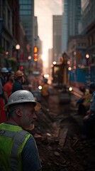 Obraz premium Construction worker observes activity in busy city area at sunset with multiple workers and machinery in background