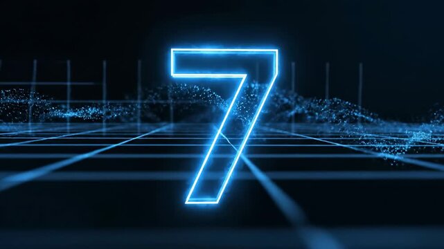 Futuristic digital number seven glowing in blue neon with abstract particle wave for countdown or anniversary.