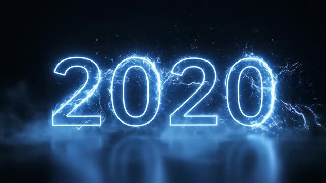 Glowing blue neon 2020 number on a dark background for new year celebration and futuristic concepts.