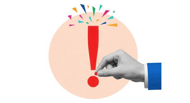 Hand placing the dot on a large red exclamation mark inside a light pink circle with colorful confetti exploding above it, isolated on white background