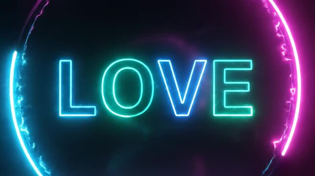 Glowing neon love text inside a circular light frame on a dark reflective background for Valentine's Day.